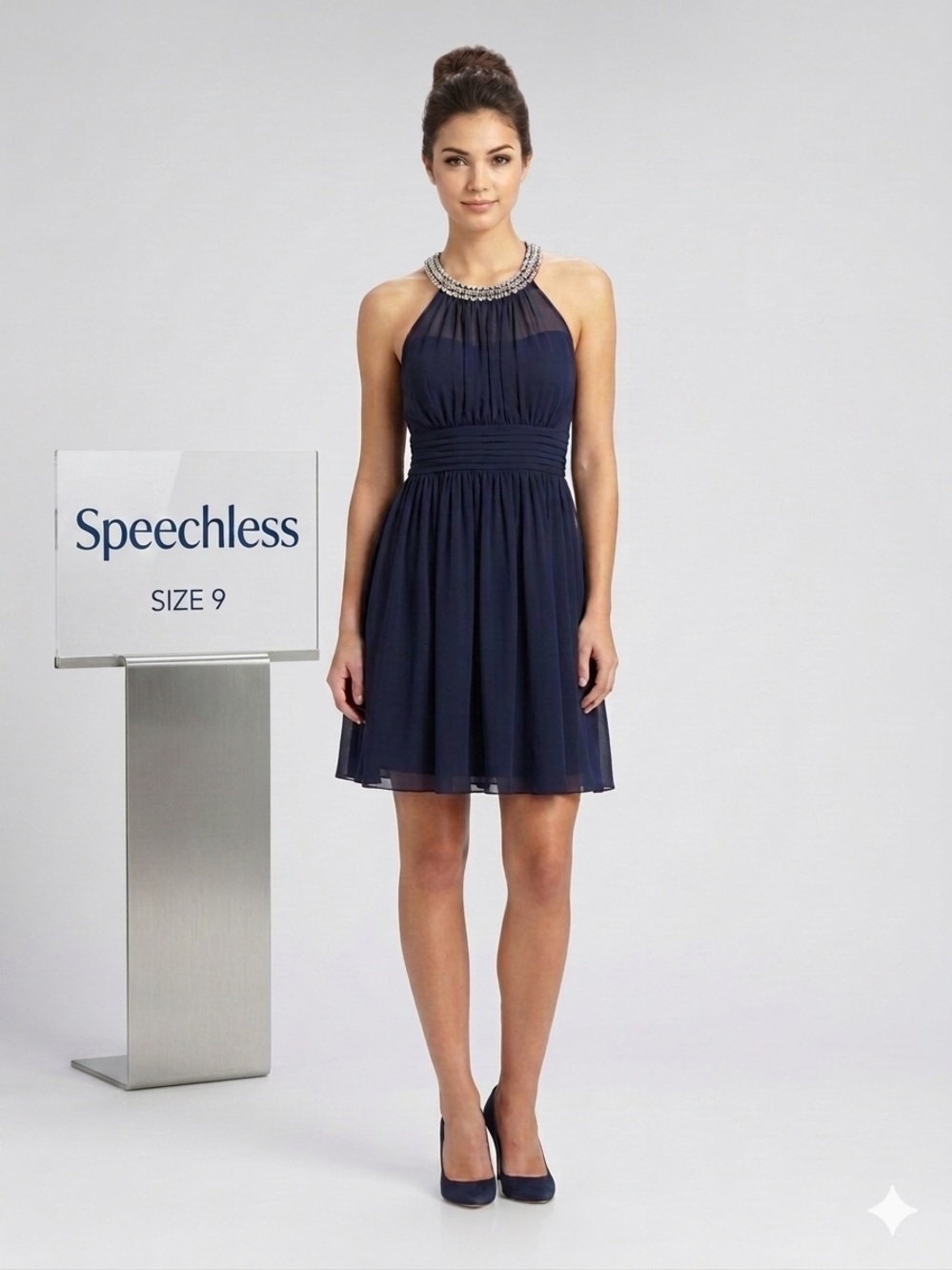 Speechless Navy Blue Halter Faux Pearl/Rhinestone Neckline Cocktail Dress Sz 9